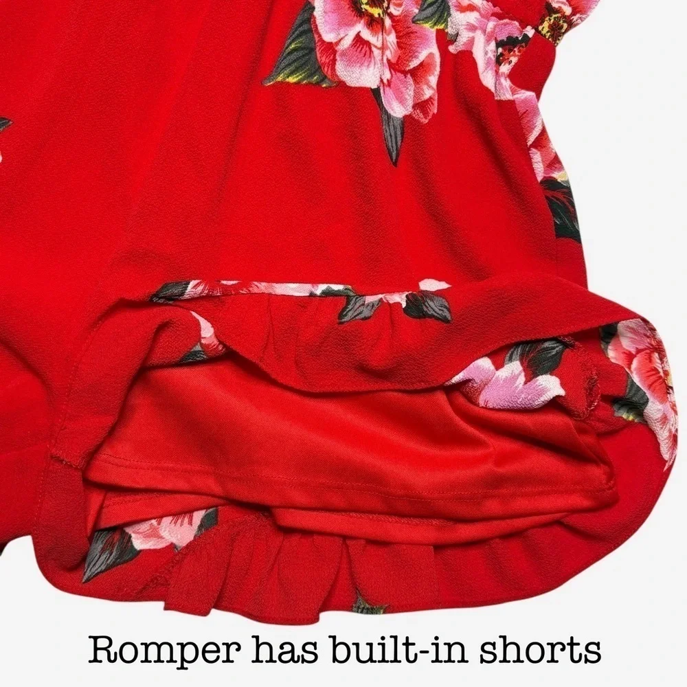 Umgee Floral Surplice Ruffle Romper Size S Red Built-In Shorts